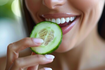 Wall Mural - High-definition close-up of a woman enjoying a bite of refreshing cucumber