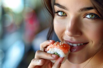 High-definition close-up of a woman enjoying a bite of sushi