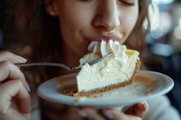 Wall Mural - High-definition close-up of a woman enjoying a bite of velvety cheesecake