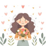 Fototapeta Tulipany - illustration of a girl happy with curly hair holding a bunch of flowers