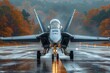 A powerful fighter jet poised for takeoff on a rain-drenched runway, showcasing military might and aviation technology