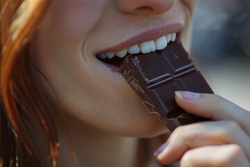 Wall Mural - Extreme close-up of a woman savoring a piece of dark chocolate