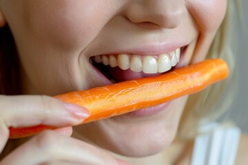 Wall Mural - Extreme close-up of a woman nibbling on a crunchy carrot stick