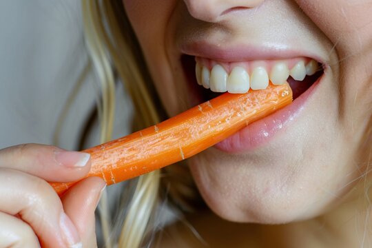 extreme close-up of a woman nibbling on a crunchy carrot stick
