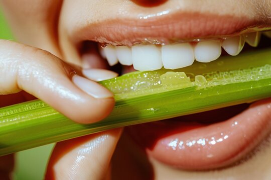 Extreme close-up of a person nibbling on a crunchy celery stick
