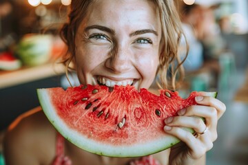 Wall Mural - Detailed close-up of a woman relishing a slice of fresh watermelon