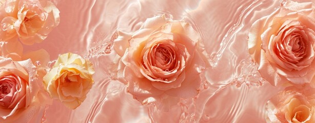 Romantic creative layout with roses floating in water. Minimal nature abstract backdrop