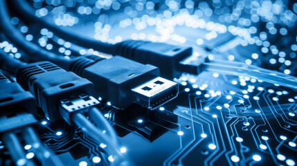 Poster - Close Up of Computer Board With Wires and Plugs