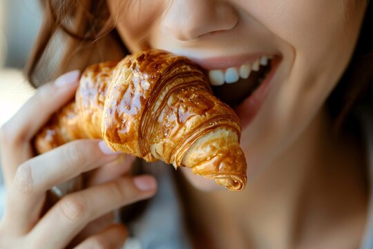 Detailed close-up of a woman munching on a crunchy, buttery croissant