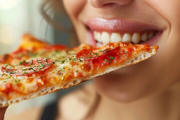 Wall Mural - Close-up of a woman's mouth savoring a slice of pizza