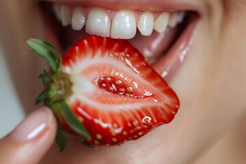 Wall Mural - Close-up of a woman's mouth biting into a piece of ripe strawberry