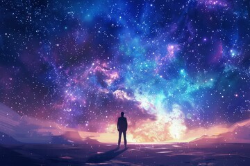 Wall Mural - a person standing on the horizon, looking up at an endless starry sky with vibrant colors of blues and purples Generative AI