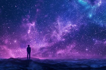 Wall Mural - A person standing on the horizon, gazing at an expanse of stars Generative AI