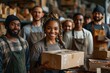 Happy and diverse team posing in a warehouse with one member holding a box