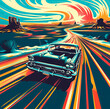 Conceptual illustration of an old car cruising on Route 66