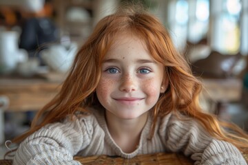 A little girl with red hair and blue eyes displaying a kind smile, wearing a sweater