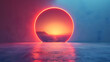 Red circle sunset reflected in water, with atmospheric sky and lens flare