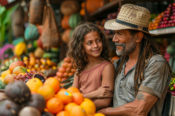 Canvas Print - A family exploring a vibrant local market together, sampling exotic fruits and browsing handmade crafts under the warm sun. Concept of cultural immersion and family adventure. Generative Ai.