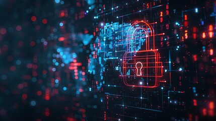 Wall Mural - A digital padlock icon symbolizes cyber security and network data protection technology, featuring a virtual interface dashboard for online privacy and business data security