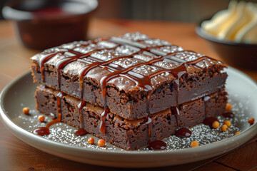 Wall Mural - A sweet and savory salted caramel brownie, tantalizing the taste buds with its combination of sugary sweetness and salty richness. Concept of indulgent desserts and flavor contrast. Generative Ai.