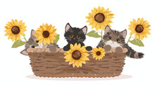Adorable Kittens Playing In A Basket Of Sunflowers 