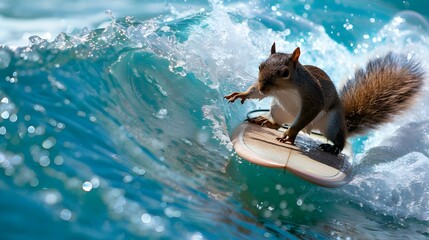 Animal surfer riding on big wave. Surfing action surfboard watersports concept, beach swimming activity in ocean, adventure on summer holiday vacation. Creative funny pet character 3d digital artwork.