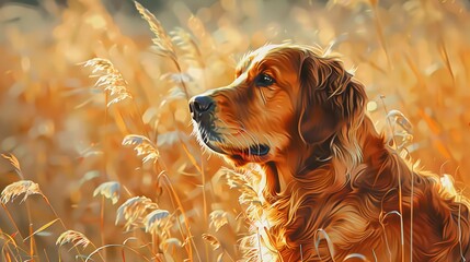 Canvas Print - Golden retriever in sunlit field, oil painting effect, eye-level, vibrant colors, soft edges. 