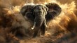 Charging elephant, oil painting effect, high drama, dust clouds, intense focus, dramatic lighting. 