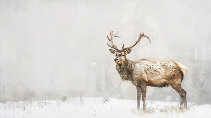 Wall Mural - Noble deer in snow, classic oil paint technique, winter white backdrop, subtle shadows, cool tones.