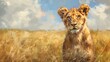 Young lion, oil painting style, exploring grasslands, curious look, bright daylight, detailed fur.