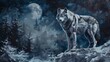 Solitary wolf, classic oil painting technique, moonlit night, silver hues, mystical gaze. 