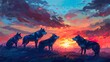 Wolves in twilight, oil paint style, pack silhouette, sunset colors, peaceful horizon, unity. 