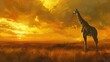 Towering giraffe in golden savannah, oil painting effect, sunset hues, serene presence, vibrant sky. 