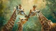 Playful giraffe calves, oil paint style, soft morning light, joyful antics, lush greens, gentle scene. 