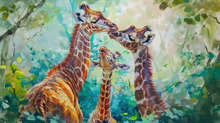 Wall Mural - Playful giraffe calves, oil paint style, soft morning light, joyful antics, lush greens, gentle scene. 