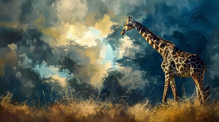 Wall Mural - Lone giraffe against stormy sky, dynamic oil painting look, dramatic contrast, powerful stance, deep blues. 