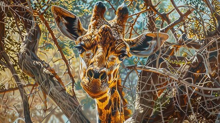 Poster - Curious giraffe peering, oil painting style, through acacia trees, sun-dappled, intricate patterns, hidden gaze. 