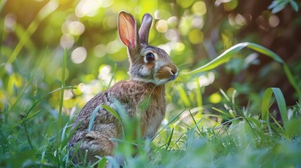 Curious rabbit in garden, oil painting style, exploring greens, playful stance, vivid colors. 