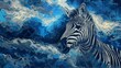 Zebra in storm, dynamic oil painting style, dramatic sky, intense gaze, powerful contrast, deep blues. 