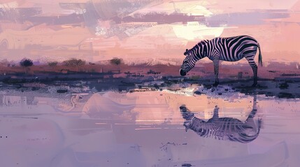 Wall Mural - Lone zebra at waterhole, oil paint style, tranquil reflection, serene dusk, soft purples, peaceful. 