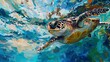 Hatchling turtle's first swim, dynamic oil painting look, vibrant ocean life, hopeful start, bright underwater hues. 