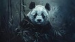 Wise old panda, classic oil painting look, ancient gaze, bamboo thicket, deep shadows, timeless wisdom.