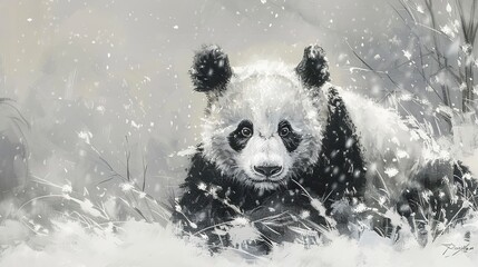 Wall Mural - Majestic panda in snow, dynamic oil painting style, contrasting black and white, serene beauty, soft whites. 