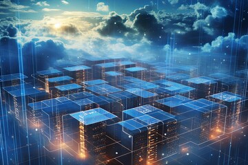 Wall Mural - Cloud Computing Concept Visualization: Servers and Data Units Interconnected in a Digital Landscape	