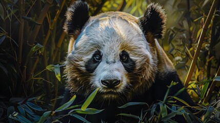 Wall Mural - Wise old panda, classic oil painting look, ancient gaze, bamboo thicket, deep shadows, timeless wisdom.