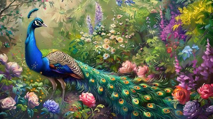 Sticker - Graceful peacock in garden, oil paint style, lush flora, serene pose, vivid colors, tranquil ambiance.