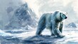 A solitary polar bear roams the icy Arctic terrain, a portrait of survival in the wilderness, soft tones, fine details, high resolution, high detail, 32K Ultra HD, copyspace, watercolor hand drawn