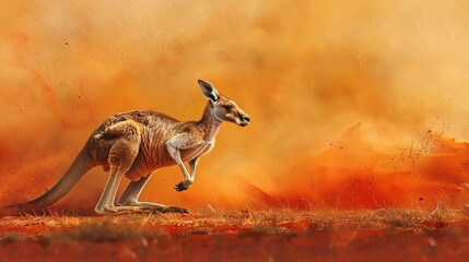 Wall Mural - Dynamic kangaroo in motion, oil painting style, action shot, red dust cloud, intense focus, vibrant outback hues.