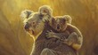 Mother koala with joey on back, classic oil painting look, protective journey, warm sunlight, tender care. 