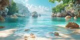 Fototapeta  - Scenic tropical beach with rocks, crystal clear water, and lush greenery under a clear blue sky